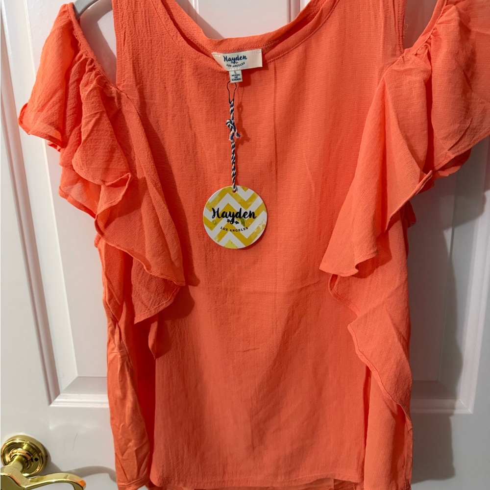 Hayden Orange Ruffle Cold Shoulder Top